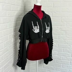 Black Cropped Punk Hoodie w/ Skeleton Hands w/Distressed Sleeves Women’s L
